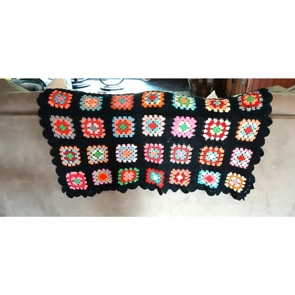 VTG Granny Square Crochet Afghan Throw 35x45 Black Multicolor Handmade Boho